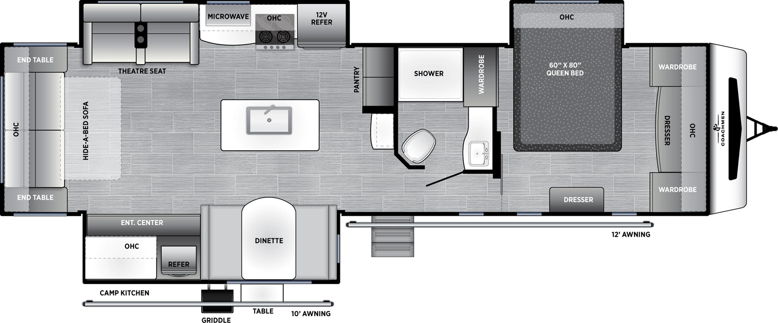 The 324RLDS has three slideouts and one entry. Exterior features front pass-thru storage, 10 foot and 12 foot awnings, and a camp kitchen. Interior layout front to back: dresser, overhead cabinet and wardrobes on each side, off-door side queen bed slideout with overhead cabinet, door side dresser with overhead cabinet, and off-door side wardrobe/linen closet with laundry bag; off-door side full bathroom; pantry, counter and overhead cabinet along inner wall; door side entry, and slideout with dinette, and entertainment center with fireplace; kitchen island with sink; off-door side slideout with refrigerator, cooktop, overhead cabinet, microwave, and theater seats with overhead cabinet; rear hide-a-bed sofa with end tables on each side and overhead cabinet.